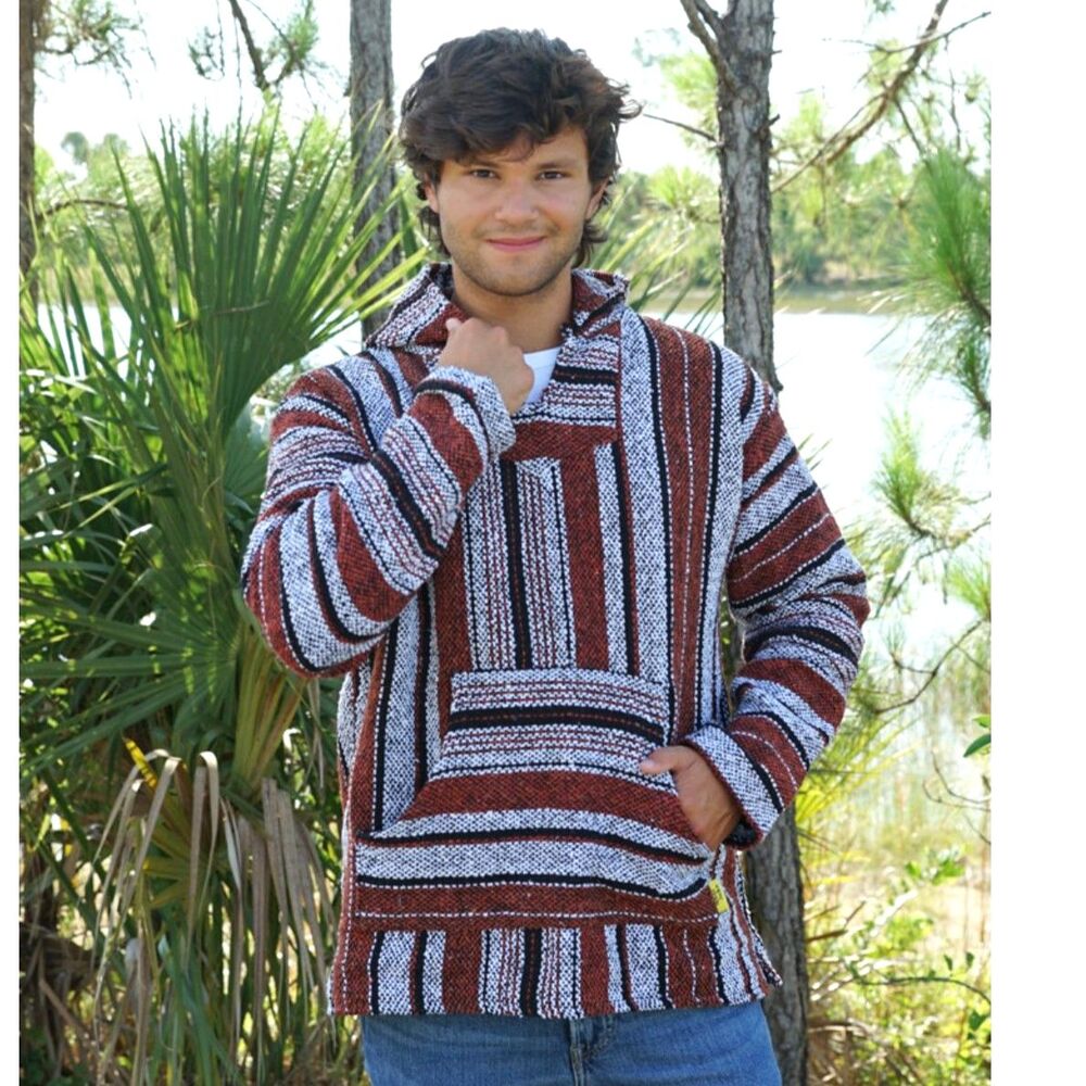 Iguana Jack Baja Hoodie Pullover Purple Gray Striped Mexican Style Size M